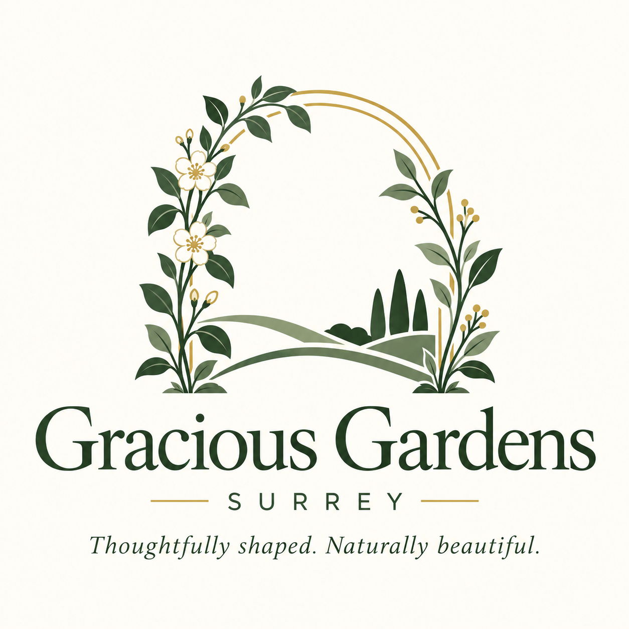 Gracious Gardens Surrey logo with the motto Thoughtfully shaped. Naturally beautiful.